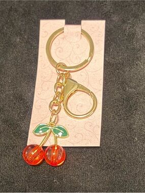 Gold Cherry Keychain with Red and Green Enamel